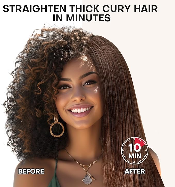 Hair Straightener Brush- Hair straighteners for Women Ceramic Ionic Straightener Comb with Less Frizz | 20s Fast Heating | 2 in 1 Flat Iron Brush Dual Voltage Travel Champagne
