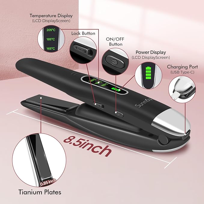 SUNMAY Cordless Hair Straightener 0.85 Inch Titanium Portable Hair Straightener for Travel Cordless Mini Flat Iron Hair Straighteners and Curlers 2 in 1 Dual Voltage On-The-Go &amp 20S Fast Heat