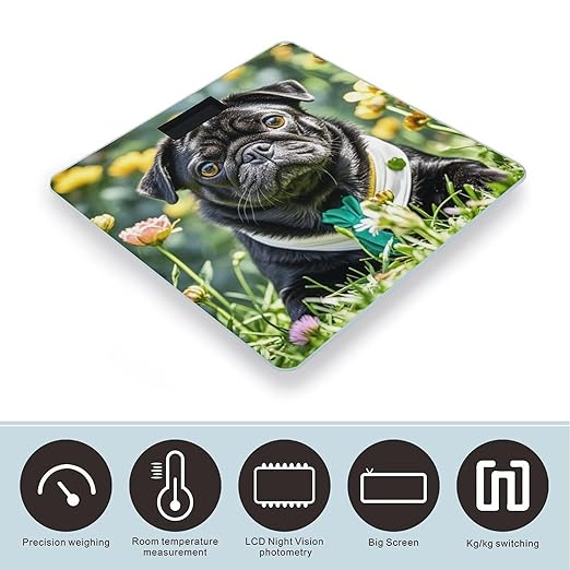 Cute Black Pug Dog Scale for Body Weight Accurate Digital Bathroom Scale Toughened Glass High Precision Scales Smart Weight Scales with Large LCD Backlight Display Weighing Machine