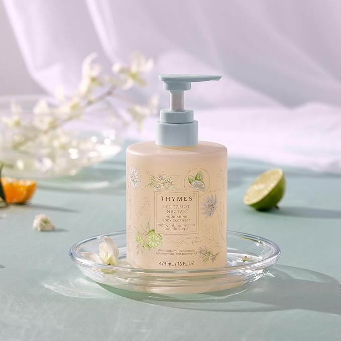 Thymes Nourishing Body Cleanser - Large Moisturizing Body Wash with Pump - Hydrating Cleanser - Notes of Bergamot Orange Flower Lemon Lotus &amp Sandalwood. (Bergamot Nectar 16 fl oz)