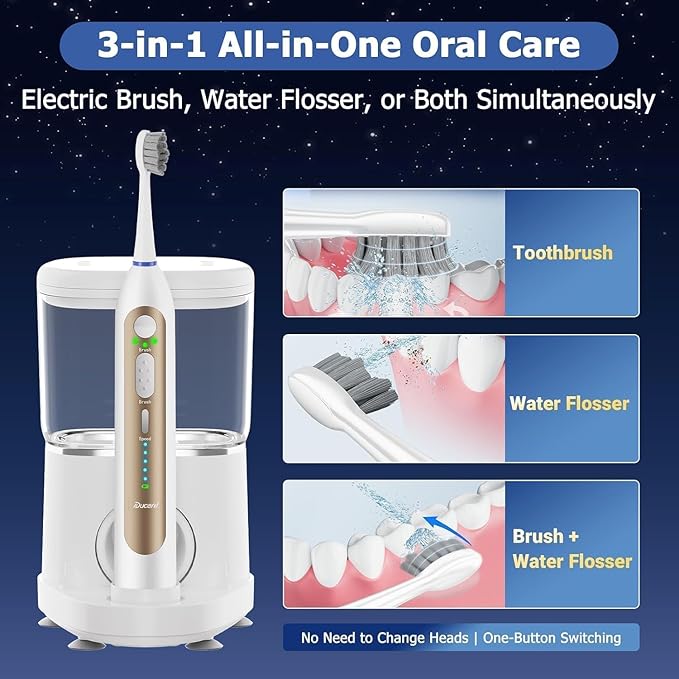 Electric Toothbrush with Water Flosser Upgraded 2.0 Electric Toothbrush for Adults 5 Floss Speeds &amp 3 Modes with 3 Brush + 1 Nozzle 500ML Tank IPX7 Waterproof for Braces &amp Gum Care - White