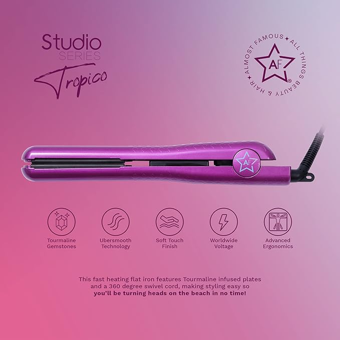 Almost Famous Tropico Tourmaline Ceramic 1.25 Professional Hair Straightener Flat Iron Pro for Hair Styling Tourmaline Ceramic Panel with Adjustable Temperature - (Purple (Updated Model)