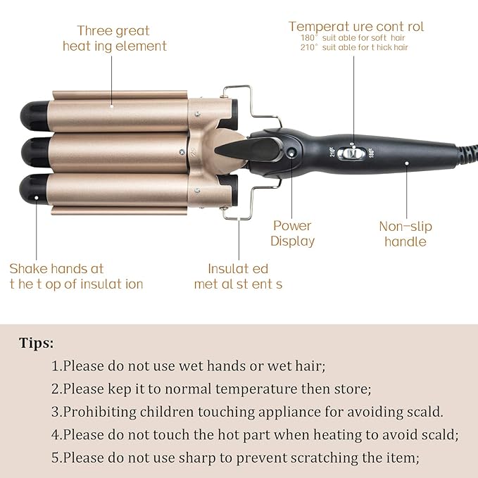3 Barrel Curling Iron Wand - Dual Voltage Temperature Adjustable 25mm Hair Crimper1 Inch Ceramic Tourmaline Triple BarrelsHair Waving Styling Tools Gold