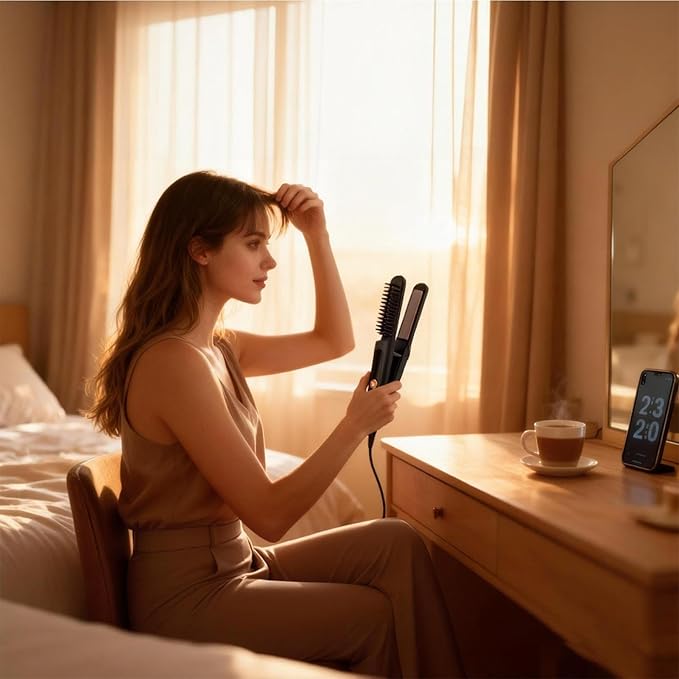 Flat Iron Hair Straightener | 2-in-1 LED Display Rechargeable Brush3 Temperature Settings Hair Straightener and Curler | for Women Men Travel Beach Styling Salon Home