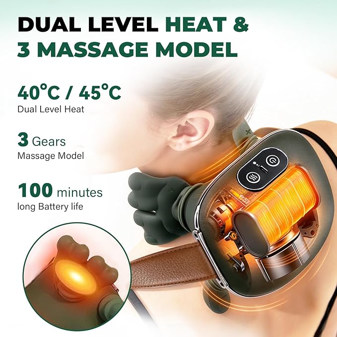 Neck Massager with Fingers Green Neck and Back Massager with Hand for Pain Relief Deep Tissue Hand Massager with Heat and Compression Bionic Electric 4D Kneading Thera Palm Massage