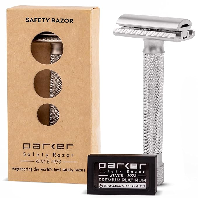 Parker THE VARIANT CLOSED COMB - ADJUSTABLE Double Edge Safety Razor Customize your Shave with a Turn of the Dial from Mild to Aggressive - 5 Blades Included (SATIN CHROME)