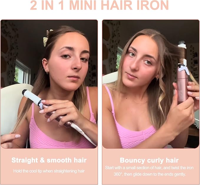 VAV Mini Travel 2 in 1 Curling Iron Small Hair Straightener and Curler Dual Voltage Flat Iron1 Inch Hair IronCeramic Portable Curling Wandfor Short HairCurls Bangs