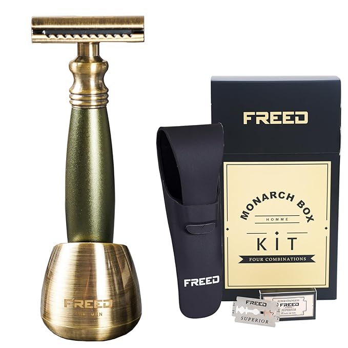 FREED 4-piece Set for Men - Double Edge Safety Razor with alloy handle include 10 count Japanese 6cr13 Stainless Steel blade It's the best gift for men fathersor birthdays (Green)