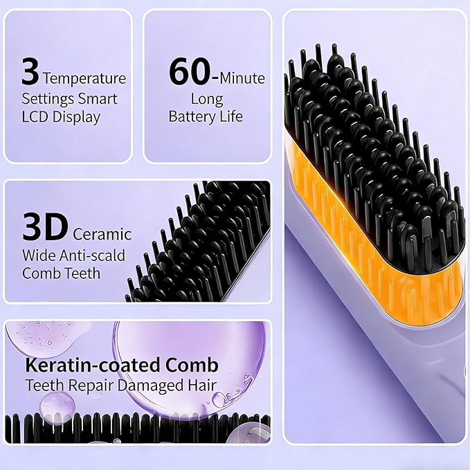 Hair Straightener Brush ABS Cordless Hair Straightener Brush Travel Hot Cordless Hairs Straighteners Brushes for Women Girls Long Short Styling Home Travel Party Daily Dating Wedding