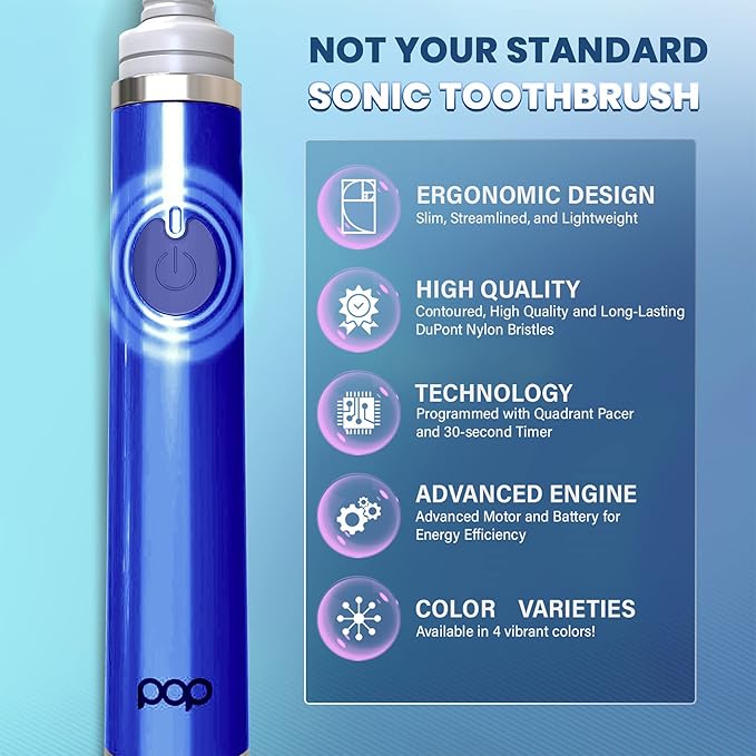 Pop Sonic Ultimate Pro Rechargeable Toothbrush (Navy) - 40000 Strokes/Min Dupont Nylon Bristles Quadrant Pacer &amp Timer for Teens &amp Adults