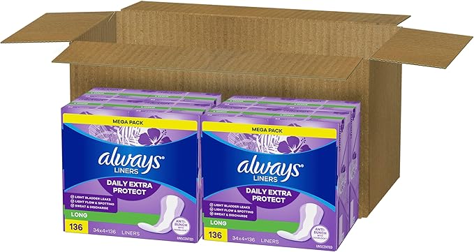 Always Daily Extra Protect Liners Long Length Unscented Panty Liners 544 Count (Pack of 2)