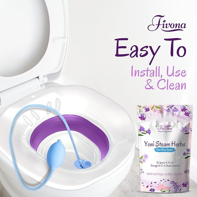 Fivona 3-in-1 Yoni Steam Kit - Bundle of V Steaming Herbs Blue Moon Recipe 1.76 Ounces (2-4 Steams) with Expandable V-Steam Seat and Hand Flusher for Detox Cleansing pH Balance and Odor Control