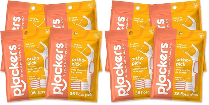 Plackers Orthopick Floss PicksUnflavoredDesigned for BracesFold-Out FlipPickTufflossEasy Storage with Sure-Zip Seal36 Count (Pack of 8)