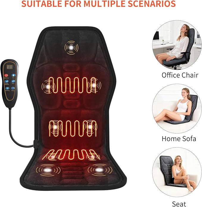 Back Massager Cushion with Heat - 9 Vibration Motors 9 Massage Modes &amp 9 Intensity Levels 4-Zone Full Back Massage 3 Heat Settings &amp Timer Ideal for Back Pain Relief Home &amp Office Use Gift