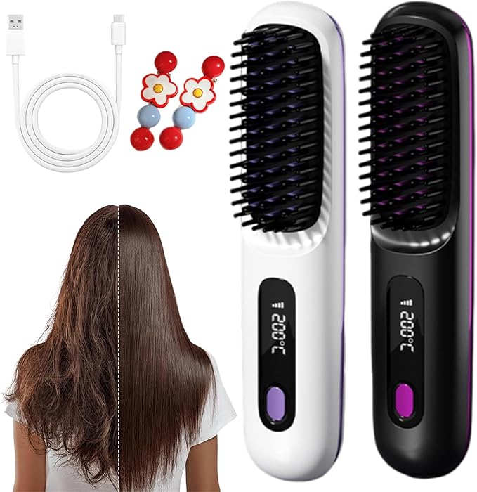 Cordless Portable Hair Straightener Brush Mini Hair Straightener Brush with LCD Temper Ature Display 3 Adjustable Temperatures Rechargeable Heating for Home Travel and Morning Rush (White+Black)
