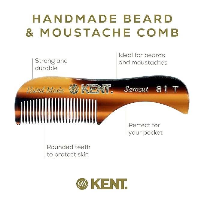 Kent A 81T X-Small Gentleman's Beard and Mustache Pocket Comb Fine Toothed Pocket Size for Facial Hair Grooming and Styling. Saw-cut of Quality Cellulose Acetate Hand Polished. Hand-Made in England