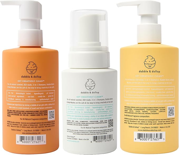 Dabble &amp Dollop Citrus Kiss Bundle Natural Bubble Bath Body Wash &amp Shampoo for Kids Paraben &amp Sulfate Free Vegan Gluten-Free Tear-Free Tangerine Vanilla Lemon (Set of 3)