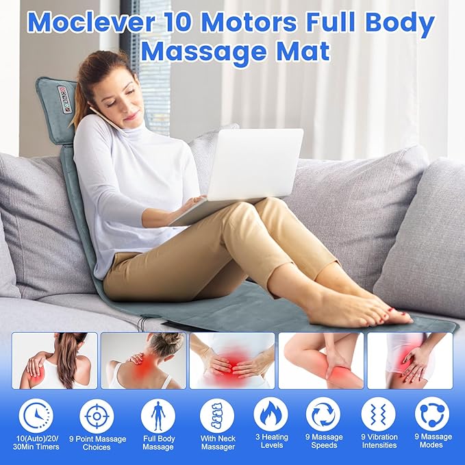 Full Body Massage Mat with HeatMassage Mattress with Shiatsu Neck Massager &amp Movable Neck Back Massager Pillow10 Vibrating Motors9 Massaging Modes &amp Timer for Back Leg Pain Relief