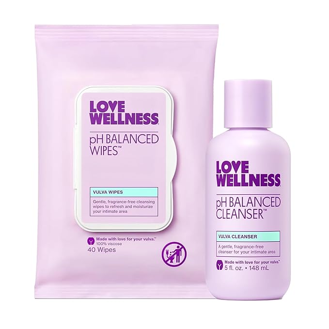 Love Wellness pH Balancing Cleanser &amp pH Balancing Wipes | Her Essentials Duo | On The Go Support for Her | Cleanser for Balanced pH Intimate Health &amp Hygiene