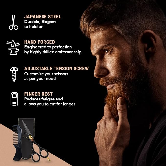 Ontaki Beard &amp Moustache Scissors for Men - 5.5 Japanese Steel Black - Precision Sharp Blades Ergonomic Finger Rest &amp Adjustable Tension Screw for Perfect Trimming - Beard Grooming Scissors