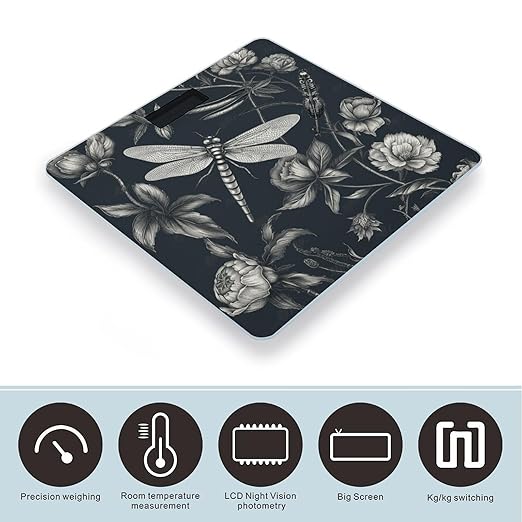 Black Flowers and Dragonfly Smart Scale for Body Weight Accurate Bathroom Scale with LED Display Digital Weight Scales Weighing Machine High Precision Scales for Bath Home