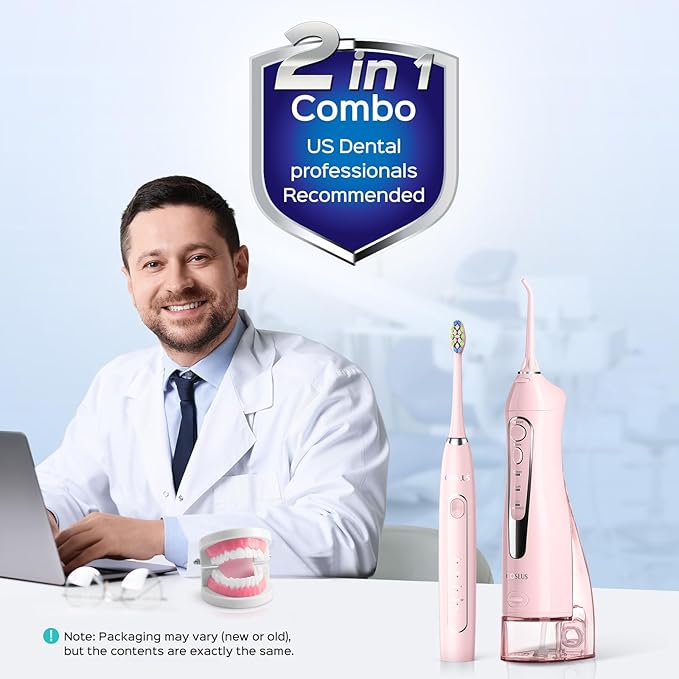 COSLUS C20 &amp C41 Portable Water Flosser with Electric Toothbrush Combo: 2-in-1 Oral Clean Kit for Teeth Braces Gums Care - Brushing &amp Flossing for Adults Family Travel Use BPA-Free Pink
