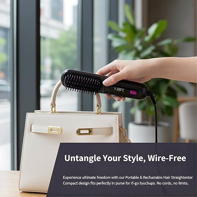 Cordless Hair Straightener Brush with LCD Display Ceramic Rechargeable Hair Straightener for Travel Fast Heating Portable Hair Straightener for Daily Use (Blue)