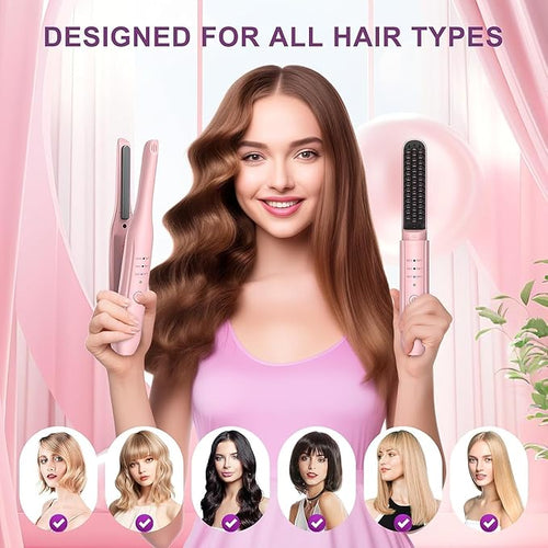2 Pack Hair Straightener Brush and Curling Iron CordlessTravel Curling Iron Set Negative Ion Thermal Brush Hot Comb Fast Heating Type-C Rechargeable