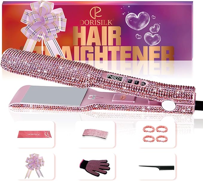 DORISILK 2 Inch 480 °F Rhinestone Flat Iron for Hair Rose Pink &amp 1 Inch 450 °F Hair Straightener and Curler 2 in 1 Colorful Dual Voltage 30s Fast Heat Gift for Women Girls