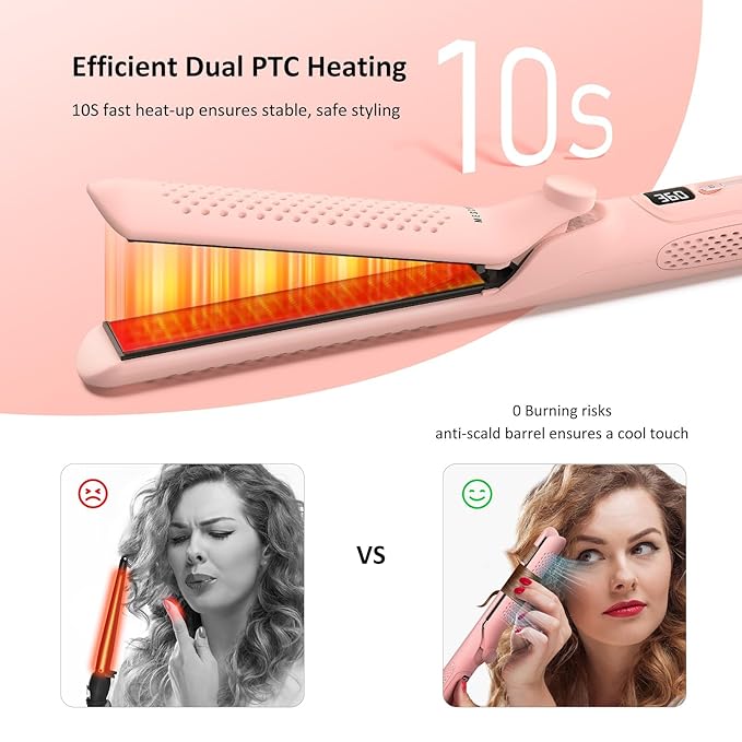 360° Airflow Styler Curling Iron - 1.25 Inch Hair Straightener and Curler 2 in 1 with Vented Cool Air to Lock in Style Extra LongFlat Iron Curling Wand Dual Voltage for Europe Travel