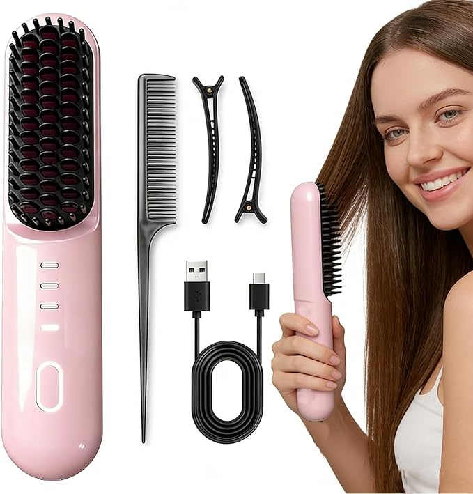 Go Pro Hair Brush for Short Hair - 2026 Upgraded Hair Straightening Comb 30-Second Rapid Heating 4 Temperature Settings 4000mAh Battery with Fast Charging - Your Travel Essential (Pink)