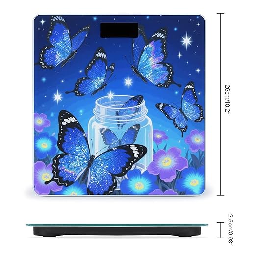 Blue Glitter Butterfly Weight Scale Large Digital Bathroom Scales with Bright LED Display Non Slip Digital Scale and Step On Fashion Weighing Machine for Body