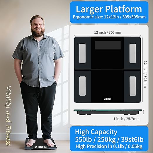 Vitafit 550lb Smart Bathroom Scale for Body Weight High Precision in 0.1lb Assured by Weight Scale Professional Factory Since 2001 App Sync 13 Body Composition with BMI and Body Fat Black