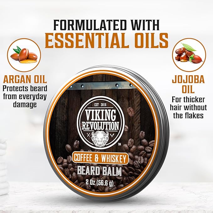 Viking Revolution - Ultimate Beard Kit Coffee and Whiskey - Beard Grooming Kit for Men with Beard Brush Beard Comb Beard Balm Beard Oil Beard and Moustache Scissors - Husband Gifts for Men