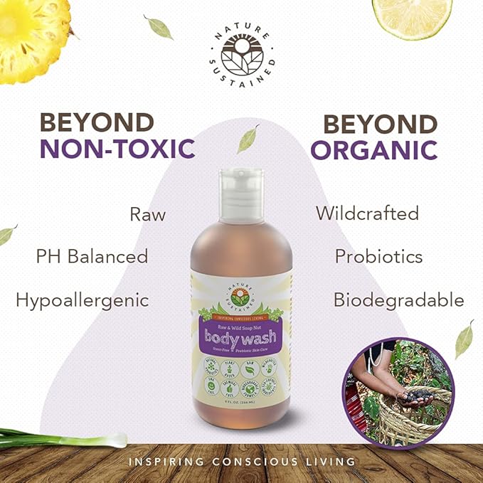 Nature Sustained Organic Body Wash &amp Face Wash – Raw &amp Wildcrafted with Probiotics Soapberry Formula for Eczema &amp Psoriasis - Wild Plants Selected for Sensitive &amp Dry Skin 9oz Origi