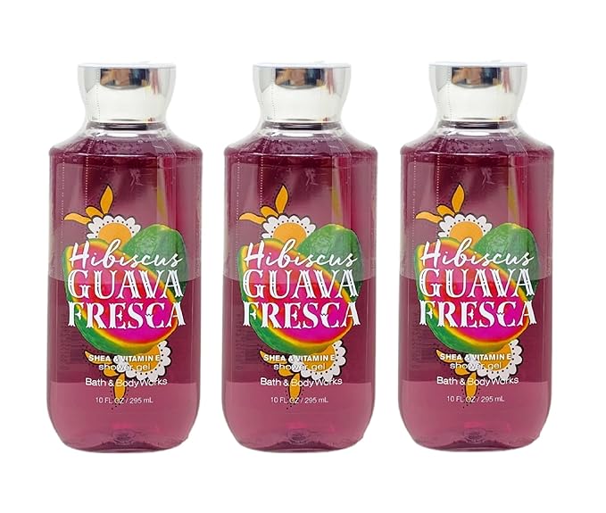 Bath &amp Body Works Hibiscus Guava Fresca - Pack of 3 - Shea &amp Vitamin E Shower Gel Bundle - 10 fl oz / 295 mL each