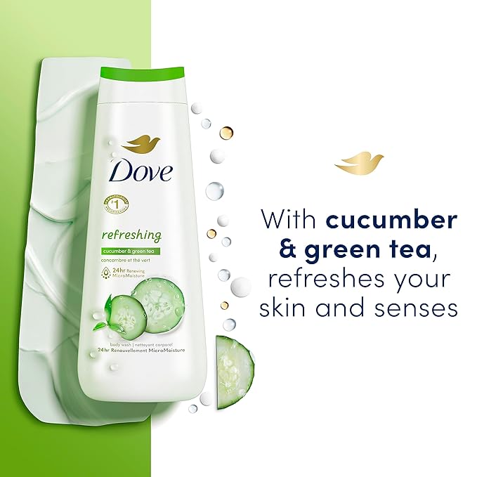 Dove Body Wash Deep Moisture Sensitive Skin Cucumber Green Tea Shea Butter Vanilla 4 Count and Deep Moisture For Dry Skin Moisturizing 3 Count