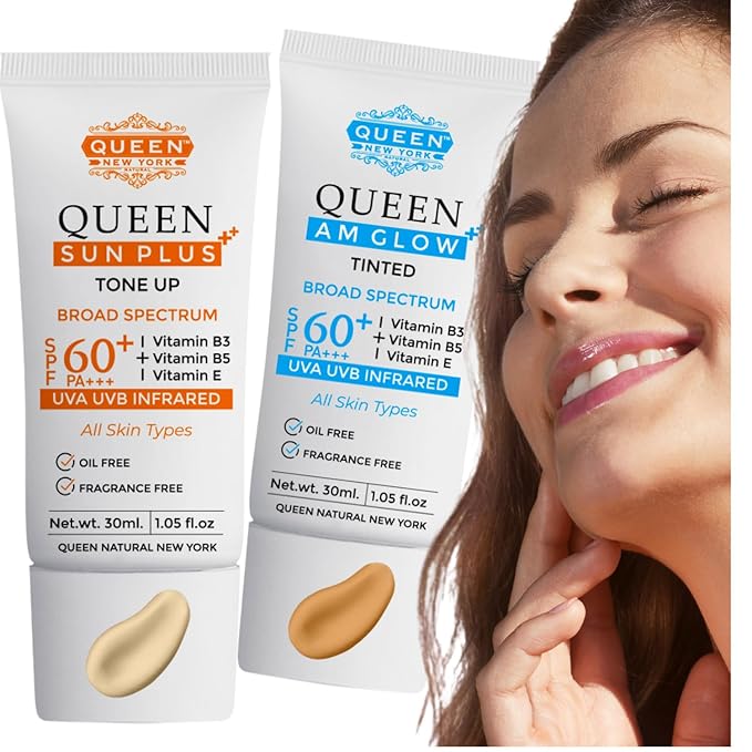 QUEEN SUN PLUS + QUEEN AM GLOW Sunscreen SPF 60 Primer-Anti Aging Face Moisturizer- Vitamin B3 B5 E- Non-Greasy Silky Touch Instant dry-oil free fragrance free by QUEEN NATURAL NEW YORK
