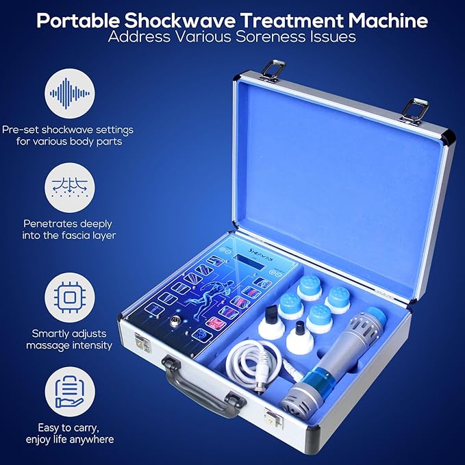 Portable Shockwave Therapy Machine for Body Muscle Massager Pain Relief Back Waist Leg and Golf Elbow Shock Wave Deep Tissue Pain Relief with 7 Massage Heads