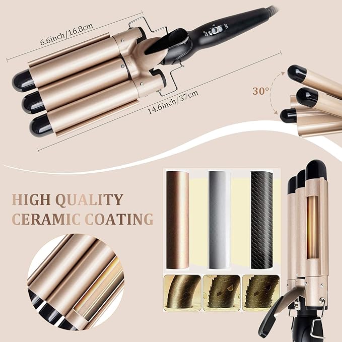 3 Barrel Curling Iron Wand - Dual Voltage Temperature Adjustable 25mm Hair Crimper1 Inch Ceramic Tourmaline Triple BarrelsHair Waving Styling Tools Gold