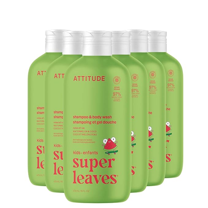 ATTITUDE Shampoo and Body Wash for Kids EWG Verified Dermatologically Tested Plant- and Mineral-Based Ingredients Vegan and Cruelty-Free Watermelon and Coco 16 Fl Oz (Pack of 6)