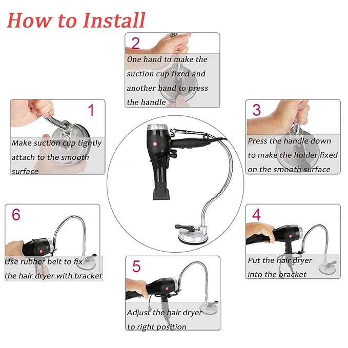 360 ° Freely Rotation Hair Dryer Handsfree Bracket with Sucker. Universal Stainless Hair Dryer Stand Holder for any hair dryer.