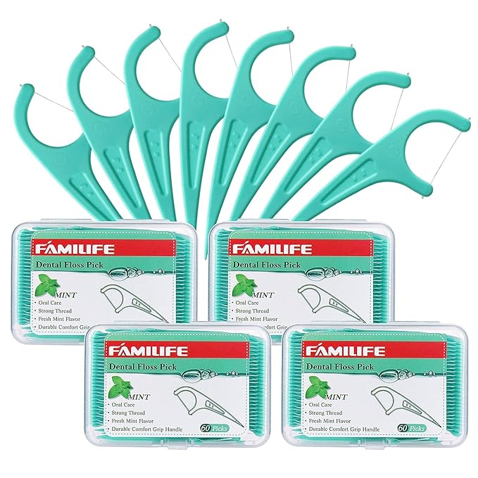 FAMILIFE Floss Picks Mint Dental Floss Picks with 4 Travel Handy Cases 240 Count Flossers and Double Line Flossers 200 Count Unwaxed Flossing Thinner and Tougher Unflavored Threader Flosser