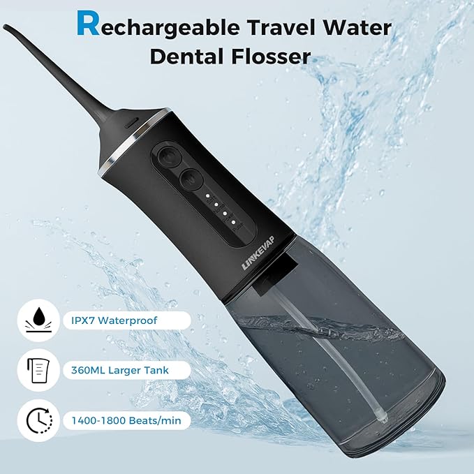 LINKEVAP Water Flosser for Teeth Pick360ML Rechargeable Travel Oral Irrigator CleanerIPX7 Waterproof Daily Dental Care Machine for Home (Black)