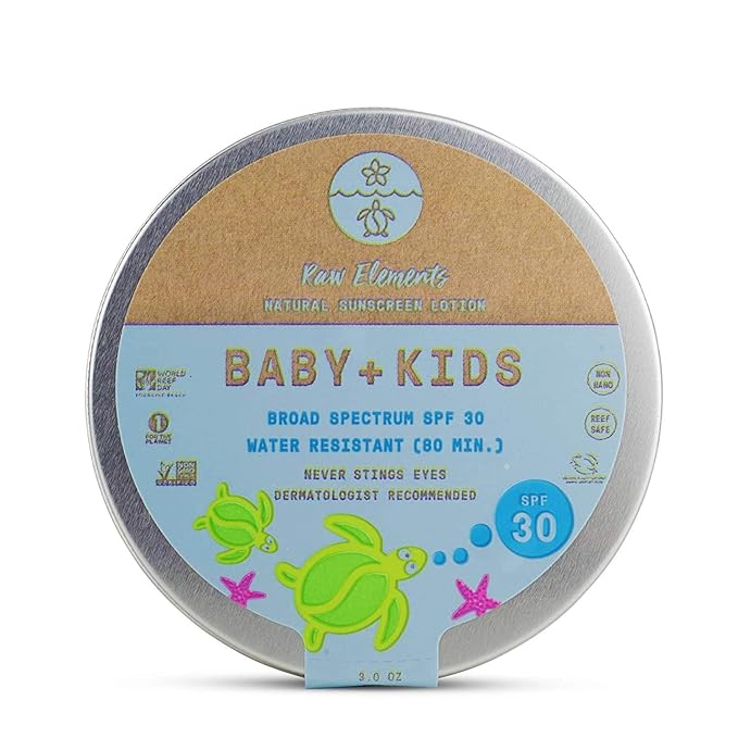 Raw Elements Baby + Kids SPF 30 Organic Sunscreen Zero-Waste Bundle with Lotion Tin 3oz Lotion Stick 1oz and Hemp Drawstring Bag