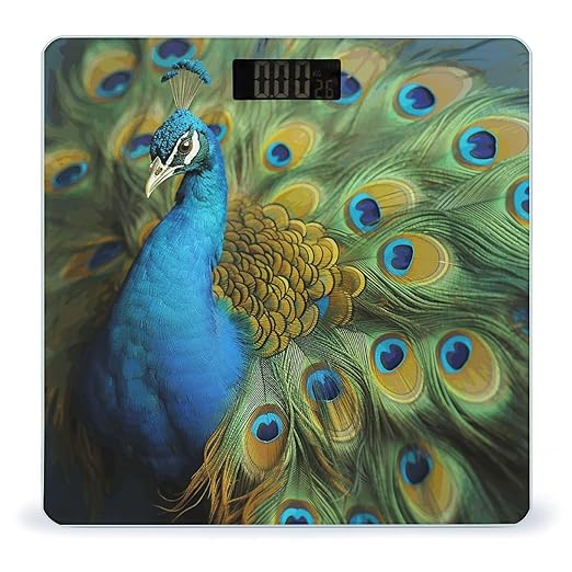 Peacocks Feather Scale for Body Weight Anti-Slip Tempered Glass Digital Bathroom Scales Clear LCD Display Weighing Scale Safe Rounded Corners Smart Scales