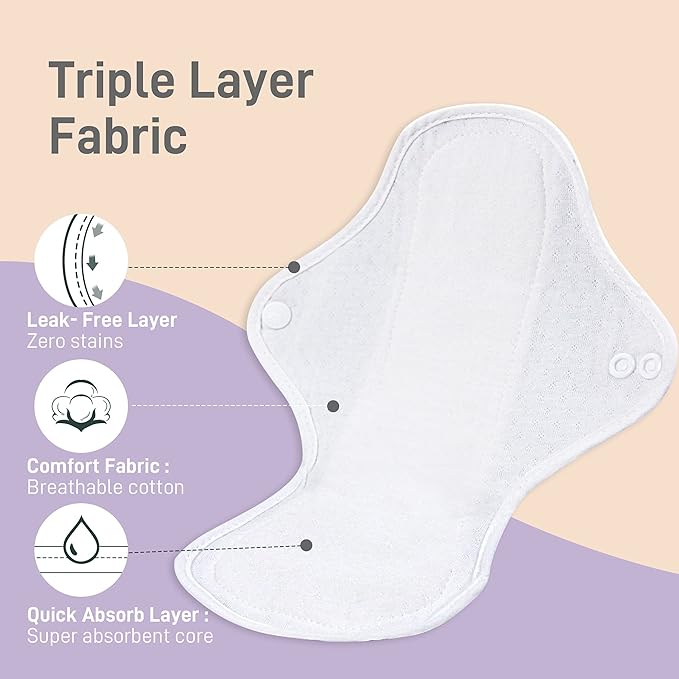 Langsprit Reusable Sanitary Pads for Women Feminine Pads for Women Regular Absorbency Cotton Washable Cloth Menstrual Pads 6pcs Set with Mini Wet Bag Leakfree and Periods (Extra Large)