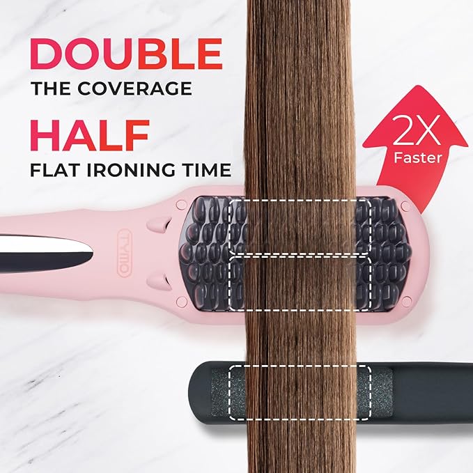 TYMO Ionic Hair Straightener Brush - Straightening Comb with 10M Negative Ions 25s Heat-up 16 Temps Dual Voltage LED Display | Ceramic Hot Comb Hair Brush Straightener for Women Pink