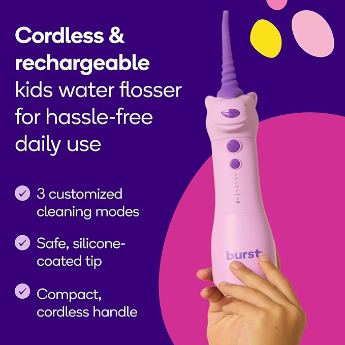 BURST Kids Water Flosser (Unicorn) | Cordless &amp Rechargeable Water Flosser for Teeth | 3 Gentle Pressure Modes | Silicone Safety Tip | Braces-Friendly | Fun Kid-Safe Design | 155mL Water Tank