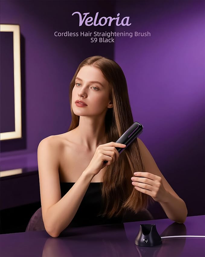 VELORIA Cordless Hair Straightener Brush with Charging Dock LED Temp Display 3 Heat Settings 320-392°F Ceramic Heated Straightening Comb Dual Lithium Battery 6000mAh Black